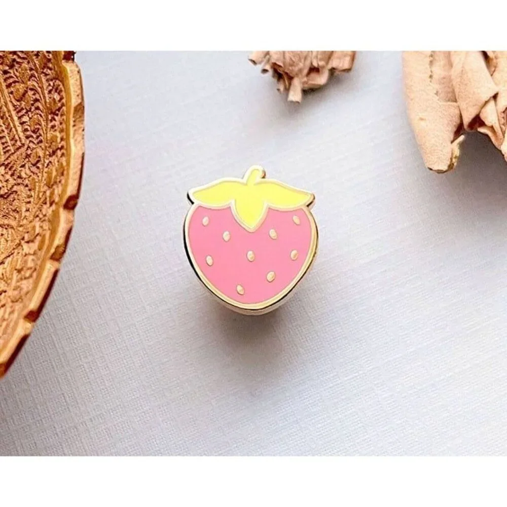Mini Cute Strawberry Enamel Pin -‎ Gold Plated Food Lapel - Kawaii Jewelry